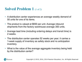 Copyright © 2019, 2016, 2014 Pearson Education, Inc. All Rights Reserved
Solved Problem 1 (1 of 2)
• A distribution center experiences an average weekly demand of
50 units for one of its items.
• The product is valued at $650 per unit. Average inbound
shipments from the factory warehouse average 350 units.
• Average lead time (including ordering delays and transit time) is
2 weeks.
• The distribution center operates 52 weeks per year; it carries a
1-week supply of inventory as safety stock and no anticipation
inventory.
• What is the value of the average aggregate inventory being held
by the distribution center?
 