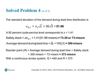 Copyright © 2019, 2016, 2014 Pearson Education, Inc. All Rights Reserved
Solved Problem 4 (4 of 5)
The standard deviation of the demand during lead time distribution is
d
= = 30 3 =
dLT L
  51.96
A 92 percent cycle-service level corresponds to z = 1.41
Safety stock = =1.41(51.96 mixers)
dLT
zσ = 73.26 or 73 mixers
 
Average demand duringlead time = =100 3
dL = 300 mixers
Reorder point (R) = Average demand during lead time + Safety stock
= 300 mixers + 73 mixers = 373 mixers
With a continuous review system, Q = 440 and R = 373
 