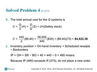 Copyright © 2019, 2016, 2014 Pearson Education, Inc. All Rights Reserved
Solved Problem 4 (5 of 5)
b. The total annual cost for the Q systems is
= ( ) + ( ) + ( )(Safety stock)
2
440 26,000
= ($9.40) + ($35) + ($9.40)(73) =
2 440
Q D
C H S H
Q
C $4,822.38
c. Inventory position = On-hand inventory + Scheduled receipts
− Backorders
IP = OH + SR − BO = 40 + 440 − 0 = 480 mixers
Because IP (480) exceeds R (373), do not place a new order
 