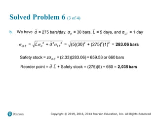 Copyright © 2019, 2016, 2014 Pearson Education, Inc. All Rights Reserved
Solved Problem 6 (3 of 4)
b. We have = 275 bars/day, = 30 bars, = 5 days, and σ = 1 day
d LT
d σ L
2 2 2 2 2 2
= + = (5)(30) + (275) (1) =
dLT d LT
L d
   283.06 bars
Safety stock = =(2.33)(283.06) = 659.53 or 660 bars
dLT
zσ
Reorder point = + Safety stock = (275)(5) + 660 =
d L 2,035 bars
 