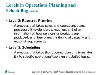Copyright © 2019, 2016, 2014 Pearson Education, Inc. All Rights Reserved
Levels in Operations Planning and
Scheduling (4 of 4)
• Level 2: Resource Planning
– A process that takes sales and operations plans;
processes time standards, routings, and other
information on how services or products are
produced; and then plans the timing of capacity and
material requirements.
• Level 3: Scheduling
– A process that takes the resource plan and translates
it into specific operational tasks on a detailed basis.
 
