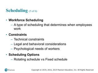 Copyright © 2019, 2016, 2014 Pearson Education, Inc. All Rights Reserved
Scheduling (5 of 6)
• Workforce Scheduling
– A type of scheduling that determines when employees
work
• Constraints
– Technical constraints
– Legal and behavioral considerations
– Psychological needs of workers
• Scheduling Options
– Rotating schedule versus Fixed schedule
 