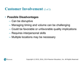 Copyright © 2019, 2016, 2014 Pearson Education, Inc. All Rights Reserved
Customer Involvement (2 of 2)
• Possible Disadvantages
– Can be disruptive
– Managing timing and volume can be challenging
– Could be favorable or unfavorable quality implications
– Requires interpersonal skills
– Multiple locations may be necessary
 