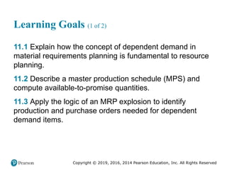 Copyright © 2019, 2016, 2014 Pearson Education, Inc. All Rights Reserved
Learning Goals (1 of 2)
11.1 Explain how the concept of dependent demand in
material requirements planning is fundamental to resource
planning.
11.2 Describe a master production schedule (MPS) and
compute available-to-promise quantities.
11.3 Apply the logic of an MRP explosion to identify
production and purchase orders needed for dependent
demand items.
 