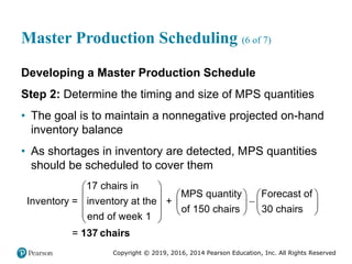 Copyright © 2019, 2016, 2014 Pearson Education, Inc. All Rights Reserved
Master Production Scheduling (6 of 7)
Developing a Master Production Schedule
Step 2: Determine the timing and size of MPS quantities
• The goal is to maintain a nonnegative projected on-hand
inventory balance
• As shortages in inventory are detected, MPS quantities
should be scheduled to cover them
17 chairs in
MPS quantity Forecast of
Inventory = inventory at the +
of 150 chairs 30 chairs
end of week 1
=
 
   
 

   
 
   
 
 
137 chairs
 