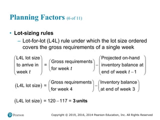 Copyright © 2019, 2016, 2014 Pearson Education, Inc. All Rights Reserved
Planning Factors (6 of 11)
• Lot-sizing rules
– Lot-for-lot (L4L) rule under which the lot size ordered
covers the gross requirements of a single week
L4L lot size Projected on-hand
Gross requirements
to arrive in = inventory balance at
for week
week end of week 1
t
t t
   
 
   

 
   
 
   

   
 
Gross requirements Inventory balance
L4L lot size =
for week 4 at end of week 3
   

   
   
 
L4L lot size = 120 117 =
 3 units
 