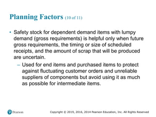 Copyright © 2019, 2016, 2014 Pearson Education, Inc. All Rights Reserved
Planning Factors (10 of 11)
• Safety stock for dependent demand items with lumpy
demand (gross requirements) is helpful only when future
gross requirements, the timing or size of scheduled
receipts, and the amount of scrap that will be produced
are uncertain.
– Used for end items and purchased items to protect
against fluctuating customer orders and unreliable
suppliers of components but avoid using it as much
as possible for intermediate items.
 