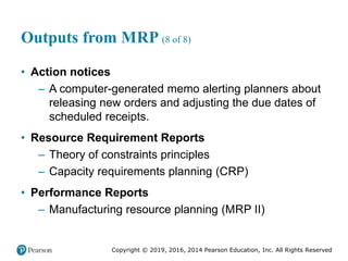 Copyright © 2019, 2016, 2014 Pearson Education, Inc. All Rights Reserved
Outputs from MRP (8 of 8)
• Action notices
– A computer-generated memo alerting planners about
releasing new orders and adjusting the due dates of
scheduled receipts.
• Resource Requirement Reports
– Theory of constraints principles
– Capacity requirements planning (CRP)
• Performance Reports
– Manufacturing resource planning (MRP II)
 