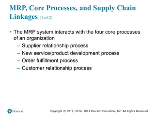Copyright © 2019, 2016, 2014 Pearson Education, Inc. All Rights Reserved
MRP, Core Processes, and Supply Chain
Linkages (1 of 2)
• The MRP system interacts with the four core processes
of an organization
– Supplier relationship process
– New service/product development process
– Order fulfillment process
– Customer relationship process
 