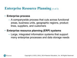 Copyright © 2019, 2016, 2014 Pearson Education, Inc. All Rights Reserved
Enterprise Resource Planning (1 of 2)
• Enterprise process
– A companywide process that cuts across functional
areas, business units, geographic regions, product
lines, suppliers, and customers
• Enterprise resource planning (ERP) systems
– Large, integrated information systems that support
many enterprise processes and data storage needs
 