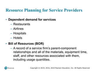 Copyright © 2019, 2016, 2014 Pearson Education, Inc. All Rights Reserved
Resource Planning for Service Providers
• Dependent demand for services
– Restaurants
– Airlines
– Hospitals
– Hotels
• Bill of Resources (BOR)
– A record of a service firm’s parent-component
relationships and all of the materials, equipment time,
staff, and other resources associated with them,
including usage quantities.
 