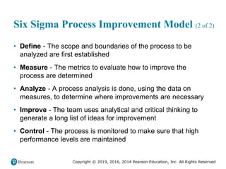 Copyright © 2019, 2016, 2014 Pearson Education, Inc. All Rights Reserved
Six Sigma Process Improvement Model (2 of 2)
• Define - The scope and boundaries of the process to be
analyzed are first established
• Measure - The metrics to evaluate how to improve the
process are determined
• Analyze - A process analysis is done, using the data on
measures, to determine where improvements are necessary
• Improve - The team uses analytical and critical thinking to
generate a long list of ideas for improvement
• Control - The process is monitored to make sure that high
performance levels are maintained
 