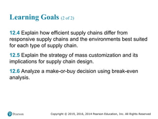 Copyright © 2019, 2016, 2014 Pearson Education, Inc. All Rights Reserved
Learning Goals (2 of 2)
12.4 Explain how efficient supply chains differ from
responsive supply chains and the environments best suited
for each type of supply chain.
12.5 Explain the strategy of mass customization and its
implications for supply chain design.
12.6 Analyze a make-or-buy decision using break-even
analysis.
 