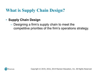 Copyright © 2019, 2016, 2014 Pearson Education, Inc. All Rights Reserved
What is Supply Chain Design?
• Supply Chain Design
– Designing a firm’s supply chain to meet the
competitive priorities of the firm’s operations strategy.
 