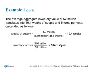 Copyright © 2019, 2016, 2014 Pearson Education, Inc. All Rights Reserved
Example 1 (3 of 3)
The average aggregate inventory value of $2 million
translates into 10.4 weeks of supply and 5 turns per year,
calculated as follows:
$2 million
Weeks of supply = =
($10 million) (52 weeks)
10.4 weeks
$10 million
Inventory turns = =
$2 million
5 turns year
 