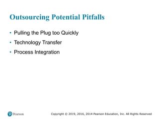 Copyright © 2019, 2016, 2014 Pearson Education, Inc. All Rights Reserved
Outsourcing Potential Pitfalls
• Pulling the Plug too Quickly
• Technology Transfer
• Process Integration
 