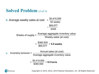 Copyright © 2019, 2016, 2014 Pearson Education, Inc. All Rights Reserved
Solved Problem (3 of 3)
b. Average weekly sales at cost

$3,410,000
=
52 weeks
$65,577
week
Average aggregate inventory value
Weeks of supply =
Weekly sales (at cost)
$360,500
= =
$65,577
5.5 weeks
c.
Annual sales (at cost)
Inventory turnover =
Average aggregate inventory value
$3,410,000
= =
$360,500
9.5 turns
 
