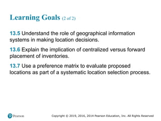 Copyright © 2019, 2016, 2014 Pearson Education, Inc. All Rights Reserved
Learning Goals (2 of 2)
13.5 Understand the role of geographical information
systems in making location decisions.
13.6 Explain the implication of centralized versus forward
placement of inventories.
13.7 Use a preference matrix to evaluate proposed
locations as part of a systematic location selection process.
 