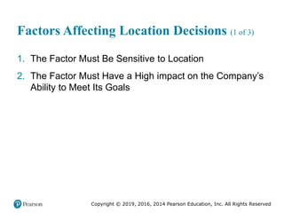 Copyright © 2019, 2016, 2014 Pearson Education, Inc. All Rights Reserved
Factors Affecting Location Decisions (1 of 3)
1. The Factor Must Be Sensitive to Location
2. The Factor Must Have a High impact on the Company’s
Ability to Meet Its Goals
 