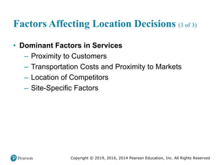 Copyright © 2019, 2016, 2014 Pearson Education, Inc. All Rights Reserved
Factors Affecting Location Decisions (3 of 3)
• Dominant Factors in Services
– Proximity to Customers
– Transportation Costs and Proximity to Markets
– Location of Competitors
– Site-Specific Factors
 
