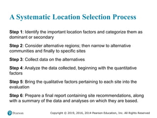 Copyright © 2019, 2016, 2014 Pearson Education, Inc. All Rights Reserved
A Systematic Location Selection Process
Step 1: Identify the important location factors and categorize them as
dominant or secondary
Step 2: Consider alternative regions; then narrow to alternative
communities and finally to specific sites
Step 3: Collect data on the alternatives
Step 4: Analyze the data collected, beginning with the quantitative
factors
Step 5: Bring the qualitative factors pertaining to each site into the
evaluation
Step 6: Prepare a final report containing site recommendations, along
with a summary of the data and analyses on which they are based.
 