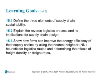 Copyright © 2019, 2016, 2014 Pearson Education, Inc. All Rights Reserved
Learning Goals (1 of 2)
15.1 Define the three elements of supply chain
sustainability.
15.2 Explain the reverse logistics process and its
implications for supply chain design.
15.3 Show how firms can improve the energy efficiency of
their supply chains by using the nearest neighbor (NN)
heuristic for logistics routes and determining the effects of
freight density on freight rates.
 