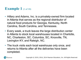 Copyright © 2019, 2016, 2014 Pearson Education, Inc. All Rights Reserved
Example 1 (1 of 10)
• Hillary and Adams, Inc. is a privately-owned firm located
in Atlanta that serves as the regional distributor of
natural food products for Georgia, Kentucky, North
Carolina, South Carolina, and Tennessee.
• Every week, a truck leaves the large distribution center
in Atlanta to stock local warehouses located in Charlotte,
NC, Charleston, SC, Columbia, SC, Knoxville, TN,
Lexington KY, and Raleigh, NC.
• The truck visits each local warehouse only once, and
returns to Atlanta after all the deliveries have been
completed.
 