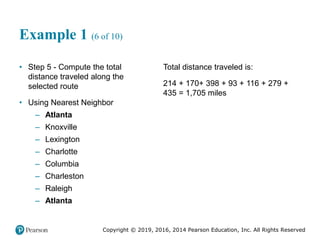 Copyright © 2019, 2016, 2014 Pearson Education, Inc. All Rights Reserved
Example 1 (6 of 10)
• Step 5 - Compute the total
distance traveled along the
selected route
• Using Nearest Neighbor
– Atlanta
– Knoxville
– Lexington
– Charlotte
– Columbia
– Charleston
– Raleigh
– Atlanta
Total distance traveled is:
214 + 170+ 398 + 93 + 116 + 279 +
435 = 1,705 miles
 