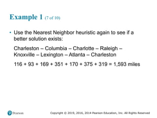 Copyright © 2019, 2016, 2014 Pearson Education, Inc. All Rights Reserved
Example 1 (7 of 10)
• Use the Nearest Neighbor heuristic again to see if a
better solution exists:
Charleston – Columbia – Charlotte – Raleigh –
Knoxville – Lexington – Atlanta – Charleston
116 + 93 + 169 + 351 + 170 + 375 + 319 = 1,593 miles
 