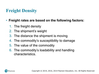 Copyright © 2019, 2016, 2014 Pearson Education, Inc. All Rights Reserved
Freight Density
• Freight rates are based on the following factors:
1. The freight density
2. The shipment’s weight
3. The distance the shipment is moving
4. The commodity’s susceptibility to damage
5. The value of the commodity
6. The commodity’s loadability and handling
characteristics.
 