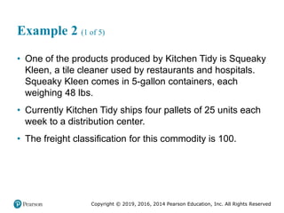 Copyright © 2019, 2016, 2014 Pearson Education, Inc. All Rights Reserved
Example 2 (1 of 5)
• One of the products produced by Kitchen Tidy is Squeaky
Kleen, a tile cleaner used by restaurants and hospitals.
Squeaky Kleen comes in 5-gallon containers, each
weighing 48 lbs.
• Currently Kitchen Tidy ships four pallets of 25 units each
week to a distribution center.
• The freight classification for this commodity is 100.
 