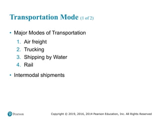 Copyright © 2019, 2016, 2014 Pearson Education, Inc. All Rights Reserved
Transportation Mode (1 of 2)
• Major Modes of Transportation
1. Air freight
2. Trucking
3. Shipping by Water
4. Rail
• Intermodal shipments
 