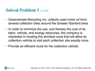 Copyright © 2019, 2016, 2014 Pearson Education, Inc. All Rights Reserved
Solved Problem 1 (1 of 9)
• Greenstreets Recycling Inc. collects used motor oil from
several collection sites around the Greater Stanford area.
• In order to minimize the use, and thereby the cost of its
labor, vehicle, and energy resources, the company is
interested in locating the shortest route that will allow its
collection vehicle to visit each collection site exactly once.
• Provide an efficient route for the collection vehicle.
 