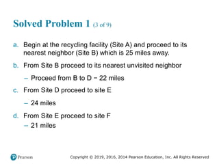 Copyright © 2019, 2016, 2014 Pearson Education, Inc. All Rights Reserved
Solved Problem 1 (3 of 9)
a. Begin at the recycling facility (Site A) and proceed to its
nearest neighbor (Site B) which is 25 miles away.
b. From Site B proceed to its nearest unvisited neighbor
– Proceed from B to D − 22 miles
c. From Site D proceed to site E
– 24 miles
d. From Site E proceed to site F
– 21 miles
 