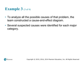 Copyright © 2019, 2016, 2014 Pearson Education, Inc. All Rights Reserved
Example 3 (3 of 4)
• To analyze all the possible causes of that problem, the
team constructed a cause-and-effect diagram.
• Several suspected causes were identified for each major
category.
 