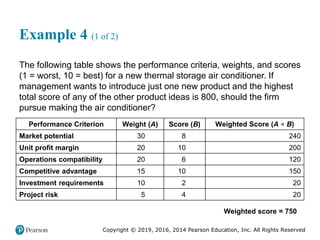 Copyright © 2019, 2016, 2014 Pearson Education, Inc. All Rights Reserved
Example 4 (1 of 2)
The following table shows the performance criteria, weights, and scores
(1 = worst, 10 = best) for a new thermal storage air conditioner. If
management wants to introduce just one new product and the highest
total score of any of the other product ideas is 800, should the firm
pursue making the air conditioner?
Performance Criterion Weight (A) Score (B) Weighted Score (A × B)
Market potential 30 8 240
Unit profit margin 20 10 200
Operations compatibility 20 6 120
Competitive advantage 15 10 150
Investment requirements 10 2 20
Project risk 5 4 20
Weighted score = 750
 