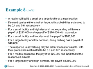 Copyright © 2019, 2016, 2014 Pearson Education, Inc. All Rights Reserved
Example 8 (1 of 8)
• A retailer will build a small or a large facility at a new location
• Demand can be either small or large, with probabilities estimated to
be 0.4 and 0.6, respectively
• For a small facility and high demand, not expanding will have a
payoff of $223,000 and a payoff of $270,000 with expansion
• For a small facility and low demand, the payoff is $200,000
• For a large facility and low demand, doing nothing has a payoff of
$40,000
• The response to advertising may be either modest or sizable, with
their probabilities estimated to be 0.3 and 0.7, respectively
• For a modest response, the payoff is $20,000 and $220,000 if the
response is sizable
• For a large facility and high demand, the payoff is $800,000
 