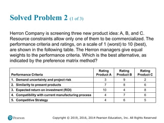 Copyright © 2019, 2016, 2014 Pearson Education, Inc. All Rights Reserved
Solved Problem 2 (1 of 3)
Herron Company is screening three new product idea: A, B, and C.
Resource constraints allow only one of them to be commercialized. The
performance criteria and ratings, on a scale of 1 (worst) to 10 (best),
are shown in the following table. The Herron managers give equal
weights to the performance criteria. Which is the best alternative, as
indicated by the preference matrix method?
Performance Criteria
Rating
Product A
Rating
Product B
Rating
Product C
1. Demand uncertainty and project risk 3 9 2
2. Similarity to present products 7 8 6
3. Expected return on investment (ROI) 10 4 8
4. Compatibility with current manufacturing process 4 7 6
5. Competitive Strategy 4 6 5
 