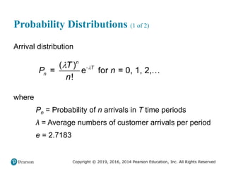 Copyright © 2019, 2016, 2014 Pearson Education, Inc. All Rights Reserved
Probability Distributions (1 of 2)
Arrival distribution
-
( )
= e for = 0, 1, 2,
!
n
T
n
T
P n
n


where
Pn = Probability of n arrivals in T time periods
λ = Average numbers of customer arrivals per period
e = 2.7183
 