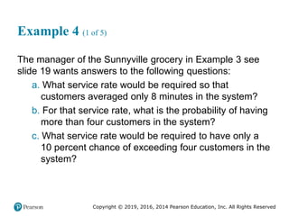 Copyright © 2019, 2016, 2014 Pearson Education, Inc. All Rights Reserved
Example 4 (1 of 5)
The manager of the Sunnyville grocery in Example 3 see
slide 19 wants answers to the following questions:
a. What service rate would be required so that
customers averaged only 8 minutes in the system?
b. For that service rate, what is the probability of having
more than four customers in the system?
c. What service rate would be required to have only a
10 percent chance of exceeding four customers in the
system?
 