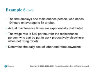 Copyright © 2019, 2016, 2014 Pearson Education, Inc. All Rights Reserved
Example 6 (2 of 3)
• The firm employs one maintenance person, who needs
10 hours on average to fix a robot.
• Actual maintenance times are exponentially distributed.
• The wage rate is $10 per hour for the maintenance
person, who can be put to work productively elsewhere
when not fixing robots.
• Determine the daily cost of labor and robot downtime.
 