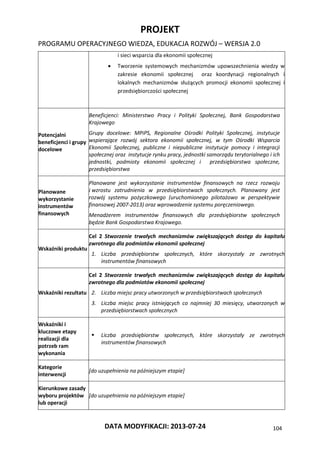 PROJEKT
PROGRAMU OPERACYJNEGO WIEDZA, EDUKACJA ROZWÓJ – WERSJA 2.0
DATA MODYFIKACJI: 2013-07-24 104
i sieci wsparcia dla ekonomii społecznej
 Tworzenie systemowych mechanizmów upowszechnienia wiedzy w
zakresie ekonomii społecznej oraz koordynacji regionalnych i
lokalnych mechanizmów służących promocji ekonomii społecznej i
przedsiębiorczości społecznej
Potencjalni
beneficjenci i grupy
docelowe
Beneficjenci: Ministerstwo Pracy i Polityki Społecznej, Bank Gospodarstwa
Krajowego
Grupy docelowe: MPiPS, Regionalne Ośrodki Polityki Społecznej, instytucje
wspierające rozwój sektora ekonomii społecznej, w tym Ośrodki Wsparcia
Ekonomii Społecznej, publiczne i niepubliczne instytucje pomocy i integracji
społecznej oraz instytucje rynku pracy, jednostki samorządu terytorialnego i ich
jednostki, podmioty ekonomii społecznej i przedsiębiorstwa społeczne,
przedsiębiorstwa
Planowane
wykorzystanie
instrumentów
finansowych
Planowane jest wykorzystanie instrumentów finansowych na rzecz rozwoju
i wzrostu zatrudnienia w przedsiębiorstwach społecznych. Planowany jest
rozwój systemu pożyczkowego (uruchomionego pilotażowo w perspektywie
finansowej 2007-2013) oraz wprowadzenie systemu poręczeniowego.
Menadżerem instrumentów finansowych dla przedsiębiorstw społecznych
będzie Bank Gospodarstwa Krajowego.
Wskaźniki produktu
Cel 2 Stworzenie trwałych mechanizmów zwiększających dostęp do kapitału
zwrotnego dla podmiotów ekonomii społecznej
1. Liczba przedsiębiorstw społecznych, które skorzystały ze zwrotnych
instrumentów finansowych
Wskaźniki rezultatu
Cel 2 Stworzenie trwałych mechanizmów zwiększających dostęp do kapitału
zwrotnego dla podmiotów ekonomii społecznej
2. Liczba miejsc pracy utworzonych w przedsiębiorstwach społecznych
3. Liczba miejsc pracy istniejących co najmniej 30 miesięcy, utworzonych w
przedsiębiorstwach społecznych
Wskaźniki i
kluczowe etapy
realizacji dla
potrzeb ram
wykonania
 Liczba przedsiębiorstw społecznych, które skorzystały ze zwrotnych
instrumentów finansowych
Kategorie
interwencji
[do uzupełnienia na późniejszym etapie]
Kierunkowe zasady
wyboru projektów
lub operacji
[do uzupełnienia na późniejszym etapie]
 