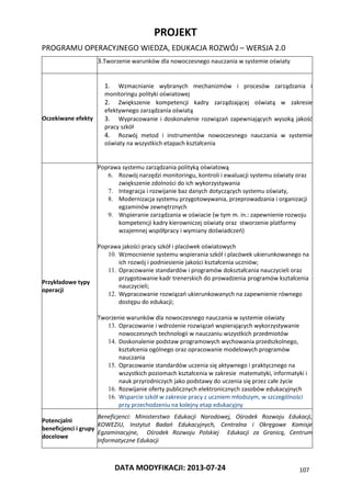 PROJEKT
PROGRAMU OPERACYJNEGO WIEDZA, EDUKACJA ROZWÓJ – WERSJA 2.0
DATA MODYFIKACJI: 2013-07-24 107
3.Tworzenie warunków dla nowoczesnego nauczania w systemie oświaty
Oczekiwane efekty
1. Wzmacnianie wybranych mechanizmów i procesów zarządzania i
monitoringu polityki oświatowej
2. Zwiększenie kompetencji kadry zarządzającej oświatą w zakresie
efektywnego zarządzania oświatą
3. Wypracowanie i doskonalenie rozwiązań zapewniających wysoką jakość
pracy szkół
4. Rozwój metod i instrumentów nowoczesnego nauczania w systemie
oświaty na wszystkich etapach kształcenia
Przykładowe typy
operacji
Poprawa systemu zarządzania polityką oświatową
6. Rozwój narzędzi monitoringu, kontroli i ewaluacji systemu oświaty oraz
zwiększenie zdolności do ich wykorzystywania
7. Integracja i rozwijanie baz danych dotyczących systemu oświaty,
8. Modernizacja systemu przygotowywania, przeprowadzania i organizacji
egzaminów zewnętrznych
9. Wspieranie zarządzania w oświacie (w tym m. in.: zapewnienie rozwoju
kompetencji kadry kierowniczej oświaty oraz stworzenie platformy
wzajemnej współpracy i wymiany doświadczeń)
Poprawa jakości pracy szkół i placówek oświatowych
10. Wzmocnienie systemu wspierania szkół i placówek ukierunkowanego na
ich rozwój i podniesienie jakości kształcenia uczniów;
11. Opracowanie standardów i programów dokształcania nauczycieli oraz
przygotowanie kadr trenerskich do prowadzenia programów kształcenia
nauczycieli;
12. Wypracowanie rozwiązań ukierunkowanych na zapewnienie równego
dostępu do edukacji;
Tworzenie warunków dla nowoczesnego nauczania w systemie oświaty
13. Opracowanie i wdrożenie rozwiązań wspierających wykorzystywanie
nowoczesnych technologii w nauczaniu wszystkich przedmiotów
14. Doskonalenie podstaw programowych wychowania przedszkolnego,
kształcenia ogólnego oraz opracowanie modelowych programów
nauczania
15. Opracowanie standardów uczenia się aktywnego i praktycznego na
wszystkich poziomach kształcenia w zakresie matematyki, informatyki i
nauk przyrodniczych jako podstawy do uczenia się przez całe życie
16. Rozwijanie oferty publicznych elektronicznych zasobów edukacyjnych
16. Wsparcie szkół w zakresie pracy z uczniem młodszym, w szczególności
przy przechodzeniu na kolejny etap edukacyjny
Potencjalni
beneficjenci i grupy
docelowe
Beneficjenci: Ministerstwo Edukacji Narodowej, Ośrodek Rozwoju Edukacji,
KOWEZiU, Instytut Badań Edukacyjnych, Centralna i Okręgowe Komisje
Egzaminacyjne, Ośrodek Rozwoju Polskiej Edukacji za Granicą, Centrum
Informatyczne Edukacji
 