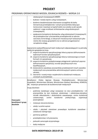 PROJEKT
PROGRAMU OPERACYJNEGO WIEDZA, EDUKACJA ROZWÓJ – WERSJA 2.0
DATA MODYFIKACJI: 2013-07-24 113
edukacyjnych (rozwojowych) MMŚP;
 budowa i rozwój rejestru usług rozwojowych;
 działania świadomościowe skierowane szczególnie do kadry
kierowniczej przedsiębiorstw i samych pracowników dotyczące
konieczności inwestycji w kapitał ludzki oraz wiedzy w jaki sposób
wybierać i czego oczekiwać od dostawców usług edukacyjnych
(rozwojowych);
 zwiększenie kompetencji dostawców usług edukacyjnych (rozwojowych)
dla przedsiębiorców i pracowników przedsiębiorstw w zakresie
warsztatu trenerskiego, w obszarach merytorycznych wskazanych jako
istotne dla rozwoju gospodarki oraz w zakresie przygotowania i
zarządzania usługą.
Zapewnienie wykwalifikowanych kadr medycznych odpowiadających na potrzeby
społeczno-gospodarcze kraju
27. wsparcie kształcenia specjalizacyjnego lekarzy poprzez dofinansowanie
wybranych kursów specjalizacyjnych,
28. wsparcie kształcenia specjalizacyjnego lekarzy realizowanego w innych
formach niż specjalizacje,
29. wsparcie kształcenia podyplomowego pielęgniarek i położnych poprzez
dofinansowanie specjalizacji, kursów specjalistycznych oraz
kwalifikacyjnych,
30. doskonalenie zawodowe pracowników przedstawicieli innych zawodów
medycznych oraz pracowników administracyjnych systemu ochrony
zdrowia,
31. tworzenie i rozwój miejsc rezydenckich w dziedzinach medycyny
uznanych za priorytetowe
Potencjalni
beneficjenci i grupy
docelowe
Beneficjenci: Polska Agencja Rozwoju Przedsiębiorczości, Ministerstwo
Gospodarki, Ministerstwo Zdrowia, Ministerstwo Edukacji Narodowej, KOWEZiU,
IBE, instytucje uprawnione do kształcenia kadr medycznych
Grupy docelowe:
- podmioty świadczące usługi rozwojowe na rzecz przedsiębiorstw i ich
pracowników (w tym instytucje szkoleniowe i szkoleniowo-doradcze,
ośrodki dokształcania i doskonalenia zawodowego, centra kształcenia
ustawicznego, centra kształcenia praktycznego, organizacje
pozarządowe)
- instytucje otoczenia biznesu
- szkoły i uczelnie wyższe
- szkoły i placówki oświatowe prowadzące kształcenie zawodowe i
ustawiczne różnego typu
- partnerzy społeczni
- przedsiębiorstwa i ich pracownicy
- jednostki samorządu terytorialnego
- kadry medyczne
 