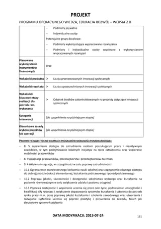 PROJEKT
PROGRAMU OPERACYJNEGO WIEDZA, EDUKACJA ROZWÓJ – WERSJA 2.0
DATA MODYFIKACJI: 2013-07-24 131
 Podmioty prywatne
 Indywidualne osoby
Potencjalne grupy docelowe:
 Podmioty wykorzystujące wypracowane rozwiązania
 Podmioty i indywidualne osoby wspierane z wykorzystaniem
wypracowanych rozwiązań
Planowane
wykorzystanie
instrumentów
finansowych
Brak
Wskaźniki produktu  Liczba przetestowanych innowacji społecznych
Wskaźniki rezultatu  Liczba upowszechnionych innowacji społecznych
Wskaźniki i
kluczowe etapy
realizacji dla
potrzeb ram
wykonania
 Odsetek środków zakontraktowanych na projekty dotyczące innowacji
społecznych
Kategorie
interwencji
[do uzupełnienia na późniejszym etapie]
Kierunkowe zasady
wyboru projektów
lub operacji
[do uzupełnienia na późniejszym etapie]
PRIORYTETY INWESTYCYJNE W RAMACH PROGRAMÓW MOBILNOŚCI PONADNARODOWEJ:
 8. 5 zapewnianie dostępu do zatrudnienia osobom poszukującym pracy i nieaktywnym
zawodowo, w tym podejmowanie lokalnych inicjatyw na rzecz zatrudnienia oraz wspieranie
mobilności pracowników
 8. 9 Adaptacja pracowników, przedsiębiorstw i przedsiębiorców do zmian
 9. 4 Aktywna integracja, w szczególności w celu poprawy zatrudnialności
 10.1 Ograniczenie przedwczesnego kończenia nauki szkolnej oraz zapewnienie równego dostępu
do dobrej jakości edukacji elementarnej, kształcenia podstawowego i ponadpodstawowego
 10.2 Poprawa jakości, skuteczności i dostępności szkolnictwa wyższego oraz kształcenia na
poziomie równoważnym w celu zwiększenia udziału i poziomu osiągnięć
 10.3 Poprawa dostępności i wspieranie uczenia się przez całe życie, podniesienie umiejętności i
kwalifikacji siły roboczej i zwiększenie dopasowania systemów kształcenia i szkolenia do potrzeb
rynku pracy m.in. przez poprawę jakości kształcenia i szkolenia zawodowego oraz utworzenia i
rozwijanie systemów uczenia się poprzez praktykę i przyuczania do zawodu, takich jak
dwutorowe systemy kształcenia
 