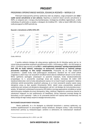 PROJEKT
PROGRAMU OPERACYJNEGO WIEDZA, EDUKACJA ROZWÓJ – WERSJA 2.0
DATA MODYFIKACJI: 2013-07-24 14
Potencjał instytucjonalny pomocy społecznej stale się zwiększa, czego przejawem jest stały i
szybki wzrost zatrudnienia w tym sektorze. Najsilniej w ostatnich latach wzrosło zatrudnienie w
ROPS, co związane jest z rosnącą rolą koordynacyjną i strategiczną ośrodków regionalnych, a także
rozbudową ich potencjału w związku z dostępem do środków EFS – tylko w latach 2005-2011 liczba
osób pracujących w ROPS potroiła się.
Rysunek 1. Zatrudnienie w ROPS, PCPR, OPS
Źródło: MPiPS-03.
Z punktu widzenia dostępu do usług pomocy społecznej dla ich klientów ważne jest to, że
rośnie liczba pracowników socjalnych zatrudnionych w OPS: z 14,8 tysięcy w 2001 r. do 19,4 tysięcy w
2012 r. W efekcie tego wzrostu już w 2011 r. został spełniony ustawowy8
wymóg proporcjonalności
kadr OPS do liczby ludności, wskazujący na konieczność zatrudnienia co najmniej jednego
pracownika socjalnego na dwa tysiące mieszkańców. Przyczyniły się do tego zwiększenie
zatrudnienia i spadek liczby osób pobierających świadczenia. Standard ten nie został jednak
osiągnięty w całym kraju i we wszystkich ośrodkach (brak obecnie dokładnych danych na ten temat).
Mimo spełnienia wymogów ustawowych na poziomie krajowym, liczba świadczeniobiorców
przypadająca na 1. pracownika socjalnego wciąż jest wysoka, stanowiąc 66 rodzin (104
świadczeniobiorców). Jest to liczba zdecydowanie wyższa niż w innych krajach europejskich. Badania
ankietowe wśród pracowników socjalnych pokazują, że co trzeci pracownik socjalny uważa swoje
obciążenie pracą za zbyt wysokie (Hryniewicka 2011). Jakość pracy pracowników socjalnych
uzależniona jest zarówno od obciążenia obowiązkami, jak też i od dostępu do instrumentów pracy i
wiedzy. W badaniach ankietowych pracownicy OPS dobrze oceniają wyposażenie ośrodków w sprzęt
administracyjny niezbędny do pracy (komputery, faksy, telefony). Regularnie uczestniczą również w
szkoleniach mających na celu podnoszenie ich kwalifikacji. Gorzej natomiast oceniają dostęp do
konsultacji, w tym superwizji – tylko co 10. pracownik (wśród nich częściej kadra kierownicza), ma
dobry dostęp do tego rodzaju wsparcia swojego warsztatu pracy.
SKUTECZNOŚĆ DZIAŁAŃ POMOCY SPOŁECZNEJ
Warto podkreślić, że o ile dostępne są statystyki korzystania z pomocy społecznej, czy
środków wydatkowanych na poszczególne rodzaje świadczeń, dostępne analizy i stały monitoring
skuteczności pomocy są niewystarczające: zarówno w odniesieniu do realizowanych świadczeń
8
Ustawa o pomocy społecznej, Dz.U. z 2013 r. poz. 182
 
