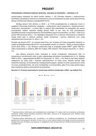 PROJEKT
PROGRAMU OPERACYJNEGO WIEDZA, EDUKACJA ROZWÓJ – WERSJA 2.0
DATA MODYFIKACJI: 2013-07-24 21
wystarczającej motywacji do takich działań (ibidem, s. 10). Potrzeby związane z podnoszeniem
kwalifikacji zawodowych (również te motywowane przez pracodawców) są więc ważną determinantą
decyzji o kontynuacji edukacji w jakiejkolwiek formie.
Według danych GUS (2012c), w 2010 r. aż 77,5% przedsiębiorstw w większości branż (z
wyjątkiem finansowej działalności usługowej - z wyłączeniem sekcji związanych z ubezpieczeniami i
funduszami emerytalnymi - w której było to jedynie 35% podmiotów) nie prowadziło dla swoich
pracowników szkoleń. Jednakże według danych PARP, w ww. roku ok. 53% pracodawców
(współ)finansowało rozwój kompetencji i/lub kwalifikacji swoich pracowników, a w 2011 r. było to już
ponad 70% (Szczerska 2012, s. 11). Największa aktywność firm w zakresie inwestowania w szkolenia
swojej kadry była w sektorze edukacji, opieki zdrowotnej i pomocy społecznej oraz usług
specjalistycznych (Szczerska i in. 2012, s. 11).
Ponadto wg danych GUS17
, im mniejsze były firmy, tym mniejsza ich liczba prowadziła szkolenia: w
małych przedsiębiorstwach 84,1% firm nie prowadziło szkoleń, w średnich – 58,6%, w dużych jedynie
25,2% (GUS 2012c, s. 25). Mniejsze rozbieżności były w przypadku badań PARP18
, gdzie 70% firm
mikro inwestowało w szkolenia, 80% firm małych, 93% średnich i 95% dużych (Szczerska i in. 2012 s.
11).
Jako główną przyczynę braku inwestycji w rozwój umiejętności wskazywano fakt, że
kompetencje zatrudnionych osób w pełni odpowiadają potrzebom przedsiębiorstw (nr 3). Według
PARP w 2011 r. odpowiedziało tak 80% firm (Szczerska i in. 2012, s. 14). Może to być także efektem
zwiększania się liczby osób z wyższym wykształceniem na rynku pracy. Wysoka wartość tego
wskaźnika wskazuje, że konsekwencje niedopasowania popytu i podaży na rynku są ponoszone raczej
nie przez przedsiębiorstwa, ale przez kandydatów na pracowników, gdyż firmy mają wystarczająco
duże możliwości wyboru potencjalnych pracowników.
Rysunek nr 3. Przyczyny niepowodzenia ustawicznego szkolenia zawodowego w 2010 r. wg wielkości firm
17
Populację badania zdefiniowano jako przedsiębiorstwa zatrudniające 10 i więcej osób oraz prowadzące podstawową
działalność, według Polskiej Klasyfikacji Działalności (PKD 2007), zaliczaną do 20 wytypowanych grup. Wielkość próby
wyniosła 20 tys. przedsiębiorstw
18
Populację badania zdefiniowano jako pracodawcy, a nie wyłącznie przedsiębiorcy, tzn. przedstawiciele podmiotów
gospodarczych funkcjonujących aktualnie na rynku, które w czasie realizacji badania terenowego zatrudniały przynajmniej
jednego pracownika. W badaniu pracodawców nie uwzględniono osób samozatrudnionych, Wielkość próby wyniosła 16 tys.
przedsiębiorstw.
 