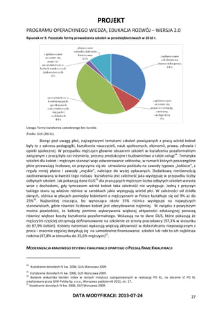 PROJEKT
PROGRAMU OPERACYJNEGO WIEDZA, EDUKACJA ROZWÓJ – WERSJA 2.0
DATA MODYFIKACJI: 2013-07-24 27
Rysunek nr 9. Pozostałe formy prowadzenia szkoleń w przedsiębiorstwach w 2010 r.
Uwaga: formy kształcenia zawodowego bez kursów.
Źródło: GUS (2012c).
Biorąc pod uwagę płeć, najczęstszymi tematami szkoleń powiązanych z pracą wśród kobiet
były te z zakresu pedagogiki, kształcenia nauczycieli, nauk społecznych, ekonomii, prawa, zdrowia i
opieki społecznej. W przypadku mężczyzn głownie obszarem szkoleń w kształceniu pozaformalnym
związanym z pracą była zaś inżynieria, procesy produkcyjne i budownictwo a także usługi24
. Tematyka
szkoleń dla kobiet i mężczyzn stanowi więc odwzorowanie sektorów, w ramach których poszczególne
płcie przeważają liczbowo, co przyczynia się do utrwalania podziału na zawody typowo „kobiece”, z
reguły mniej płatne i zawody „męskie”, należące do wyżej opłacanych. Dodatkową nierównością
zaobserwowaną w kwestii tego rodzaju kształcenia jest zależność jaka występuję w przypadku liczby
odbytych szkoleń. Jak pokazują dane GUS25
dla pracujących mężczyzn liczba odbytych szkoleń wzrasta
wraz z dochodami, gdy tymczasem wśród kobiet taka zależność nie występuje. Jedną z przyczyn
takiego stanu są właśnie różnice w zarobkach jakie występują wśród płci. W zależności od źródła
danych, różnica w płacach pomiędzy kobietami a mężczyznami w Polsce kształtuje się od 9% aż do
25%26
. Najbardziej znacząca, bo wynosząca około 35% różnica występuje na najwyższych
stanowiskach, gdzie również liczbowo kobiet jest zdecydowanie najmniej. W związku z powyższym
można powiedzieć, że kobiety pomimo wykazywania większej aktywności edukacyjnej ponoszą
również większe koszty kształcenia pozaformalnego. Wskazują na to dane GUS, które pokazują że
mężczyźni częściej otrzymują dofinansowanie na szkolenie ze strony pracodawcy (97,3% w stosunku
do 87,9% kobiet). Kobiety natomiast wykazują większą aktywność w dokształcaniu niepowiązanym z
praca i znacznie częściej decydują się na samodzielne finansowanie szkoleń lub robi to ich najbliższa
rodzina (47,8% w stosunku do 35,6% mężczyzn)27
.
MODERNIZACJA KRAJOWEGO SYSTEMU KWALIFIKACJI OPARTEGO O POLSKĄ RAMĘ KWALIFIKACJI
24
Kształcenie dorosłych IV kw. 2006, GUS Warszawa 2009.
25
Kształcenie dorosłych IV kw. 2006, GUS Warszawa 2009.
26
Badanie wskaźnika Gender index w ramach instytucji zaangażowanych w realizację PO KL, na zlecenie IZ PO KL
zrealizowane przez GHK Polska Sp. z o.o., Warszawa październik 2011, str. 17.
27
Kształcenie dorosłych IV kw. 2006, GUS Warszawa 2009.
 