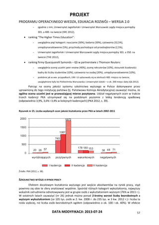 PROJEKT
PROGRAMU OPERACYJNEGO WIEDZA, EDUKACJA ROZWÓJ – WERSJA 2.0
DATA MODYFIKACJI: 2013-07-24 57
- zgodnie z nim, Uniwersytet Jagielloński i Uniwersytet Warszawski zajęły miejsca pomiędzy
301. a 400. na świecie (SRC 2012),
 ranking “The Higher Times Education”:
- uwzględnia pięć kategorii: nauczanie (30%), badania (30%), cytowania (32,5%),
umiędzynarodowienie (5%), przychody pochodzące od przedsiębiorstw (2,5%),
- Uniwersytet Jagielloński i Uniwersytet Warszawski zajęły miejsca pomiędzy 301. a 350. na
świecie (THE 2012),
 ranking firmy Quacquarelli Symonds – QS w partnerstwie z Thomson Reuters:
- uwzględnia ocenę uczelni peer review (40%), ocenę rekruterów (10%), stosunek liczebności
kadry do liczby studentów (10%), cytowania na osobę (20%), umiędzynarodowienie (10%),
- podobnie jak w ww. przypadkach, UW i UJ uplasowały się w okolicach 400. miejsca na świecie;
uwzględnione były też Politechnika Warszawska i Uniwersytet Łódzki – o ok. 200 miejsc dalej (QS 2012).
Patrząc na oceny jakości systemu szkolnictwa wyższego w Polsce dokonywane przez
uprawnioną do tego instytucję państwa (tj. Państwowa Komisja Akredytacyjna) zauważyć można, że
ogólna ocena uczelni jest w przeważającej mierze pozytywna. Udział negatywnych ocen w trakcie
trzech kadencji PKA utrzymywał się na podobnym poziomie z lekką tendencją spadkową
(odpowiednio 3,9%, 3,6% i 3,4% w kolejnych kadencjach) (PKA 2012, s. 39).
Rysunek nr 25. Liczba wydanych ocen jakości kształcenia przez PKA w latach 2002-2011
Źródło: PKA (2012, s. 38).
SZKOLNICTWO WYŻSZE A RYNEK PRACY
Efektem docelowym kształcenia wyższego jest wejście absolwentów na rynek pracy, stąd
powinno się obie te sfery analizować wspólnie. Spośród różnych kategorii wykształcenia, najwyższy
wskaźnik zatrudnienia odnotowywany jest w grupie osób z wykształceniem wyższym (76% w 2011 r.).
W ostatnich latach zauważyć (nr 26) jednak można ponad 2-krotny wzrost liczby bezrobotnych z
wyższym wykształceniem (ze 105 tys. osób w 2. kw. 2008 r. do 235 tys. w 3 kw. 2012 r.) i liczba ta
rosła szybciej, niż liczba osób bezrobotnych ogółem (odpowiednio o ok. 100 i ok. 40%). W efekcie
 