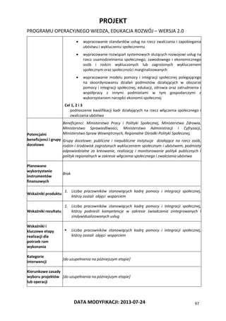 PROJEKT
PROGRAMU OPERACYJNEGO WIEDZA, EDUKACJA ROZWÓJ – WERSJA 2.0
DATA MODYFIKACJI: 2013-07-24 97
 wypracowanie standardów usług na rzecz zwalczania i zapobiegania
ubóstwu i wykluczeniu społecznemu
 wypracowanie rozwiązań systemowych służących rozwojowi usług na
rzecz usamodzielnienia społecznego, zawodowego i ekonomicznego
osób i rodzin wykluczonych lub zagrożonych wykluczeniem
społecznym oraz społeczności marginalizowanych
 wypracowanie modelu pomocy i integracji społecznej polegającego
na skoordynowaniu działań podmiotów działających w obszarze
pomocy i integracji społecznej, edukacji, zdrowia oraz zatrudnienia i
współpracy z innymi podmiotami w tym gospodarczymi z
wykorzystaniem narzędzi ekonomii społecznej
Cel 1, 2 i 3
podnoszenie kwalifikacji kadr działających na rzecz włączenia społecznego i
zwalczania ubóstwa
Potencjalni
beneficjenci i grupy
docelowe
Beneficjenci: Ministerstwo Pracy i Polityki Społecznej, Ministerstwo Zdrowia,
Ministerstwo Sprawiedliwości, Ministerstwo Administracji i Cyfryzacji,
Ministerstwo Spraw Wewnętrznych, Regionalne Ośrodki Polityki Społecznej,
Grupy docelowe: publiczne i niepubliczne instytucje działające na rzecz osób,
rodzin i środowisk zagrożonych wykluczeniem społecznym i ubóstwem, podmioty
odpowiedzialne za kreowanie, realizację i monitorowanie polityk publicznych i
polityk regionalnych w zakresie włączenia społecznego i zwalczania ubóstwa
Planowane
wykorzystanie
instrumentów
finansowych
Brak
Wskaźniki produktu
1. Liczba pracowników stanowiących kadrę pomocy i integracji społecznej,
którzy zostali objęci wsparciem
Wskaźniki rezultatu
1. Liczba pracowników stanowiących kadrę pomocy i integracji społecznej,
którzy podnieśli kompetencje w zakresie świadczenia zintegrowanych i
zindywidualizowanych usług
Wskaźniki i
kluczowe etapy
realizacji dla
potrzeb ram
wykonania
 Liczba pracowników stanowiących kadrę pomocy i integracji społecznej,
którzy zostali objęci wsparciem
Kategorie
interwencji
[do uzupełnienia na późniejszym etapie]
Kierunkowe zasady
wyboru projektów
lub operacji
[do uzupełnienia na późniejszym etapie]
 